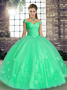 Cute Off The Shoulder Sleeveless Quinceanera Dresses Floor Length Beading and Appliques Turquoise and Apple Green Tulle