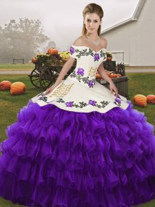 Modern White And Purple Off The Shoulder Neckline Embroidery and Ruffled Layers 15 Quinceanera Dress Sleeveless Lace Up