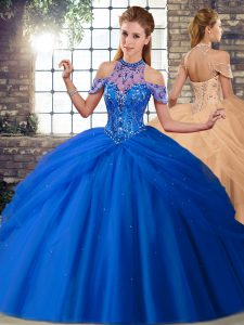 Top Selling Halter Top Sleeveless Tulle Vestidos de Quinceanera Beading and Pick Ups Brush Train Lace Up