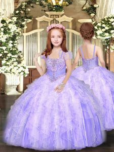 Lavender Kids Formal Wear Party and Sweet 16 and Wedding Party with Beading and Ruffles Straps Sleeveless Lace Up