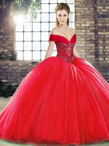 Red Sleeveless Brush Train Beading Ball Gown Prom Dress