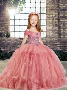 Custom Made Floor Length Watermelon Red Little Girl Pageant Dress Straps Sleeveless Lace Up
