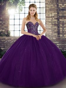 Unique Purple Tulle Lace Up Sweetheart Sleeveless Floor Length 15 Quinceanera Dress Beading