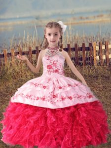 Fantastic Floor Length Coral Red Pageant Dress for Teens Halter Top Sleeveless Lace Up