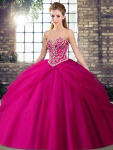 Sleeveless Beading and Pick Ups Lace Up Quinceanera Gowns with Fuchsia Brush Train