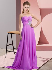 Gorgeous Lilac Chiffon Lace Up Halter Top Sleeveless Floor Length Dress for Prom Beading and Ruching