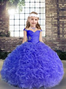 Purple Fabric With Rolling Flowers Lace Up Girls Pageant Dresses Sleeveless Floor Length Beading and Ruching