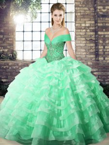 Apple Green Lace Up Off The Shoulder Beading and Ruffled Layers Quinceanera Gowns Organza Sleeveless Brush Train