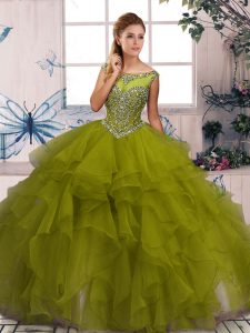 Cute Olive Green Ball Gowns Beading and Ruffles Sweet 16 Dresses Zipper Organza Sleeveless Floor Length