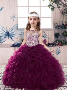 Hot Sale Sleeveless Organza Floor Length Lace Up Little Girls Pageant Gowns in Dark Purple with Beading and Ruffles