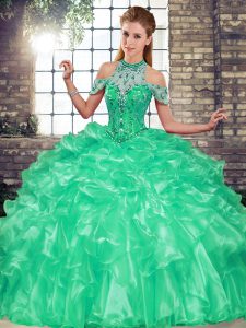 Wonderful Turquoise Ball Gowns Beading and Ruffles Quinceanera Gowns Lace Up Organza Sleeveless Floor Length