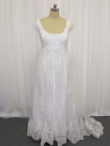 Custom Made White Lace Up Scoop Beading and Lace Wedding Dresses Tulle Cap Sleeves Sweep Train