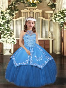 Blue Sleeveless Floor Length Embroidery Lace Up Pageant Dress for Teens