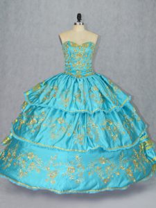 Floor Length Baby Blue Ball Gown Prom Dress Satin and Organza Sleeveless Embroidery and Ruffled Layers