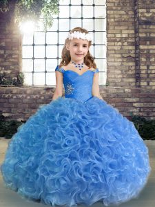 Floor Length Ball Gowns Sleeveless Blue Girls Pageant Dresses Lace Up