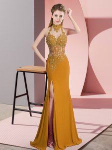 Gold Backless Halter Top Lace and Appliques Dress for Prom Chiffon Sleeveless