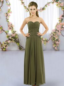 Elegant Olive Green Lace Up Sweetheart Ruching Bridesmaid Gown Chiffon Sleeveless