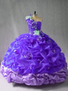 Vintage Purple Organza Lace Up Ball Gown Prom Dress Sleeveless Floor Length Pick Ups and Hand Made Flower