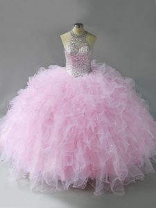 Beading and Ruffles Quinceanera Dress Pink Lace Up Sleeveless Floor Length