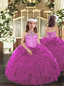 Stylish Floor Length Fuchsia Little Girl Pageant Gowns Halter Top Sleeveless Lace Up