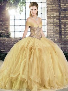 Clearance Gold Sleeveless Tulle Lace Up Quinceanera Gowns for Military Ball and Sweet 16 and Quinceanera