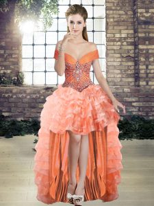 Cheap Orange Sleeveless High Low Beading and Ruffled Layers Lace Up Prom Party Dress