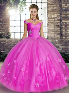 Customized Lilac Ball Gowns Tulle Off The Shoulder Sleeveless Beading and Appliques Floor Length Lace Up Quinceanera Dre