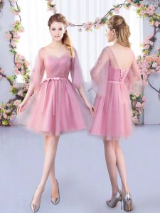 Latest Pink Quinceanera Court of Honor Dress Wedding Party with Appliques and Belt V-neck Half Sleeves Lace Up