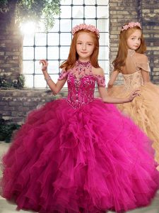 Fantastic High-neck Sleeveless Little Girls Pageant Dress Wholesale Floor Length Beading and Ruffles Fuchsia Tulle