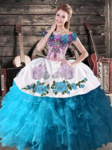 Teal Sleeveless Floor Length Embroidery and Ruffles Lace Up 15th Birthday Dress