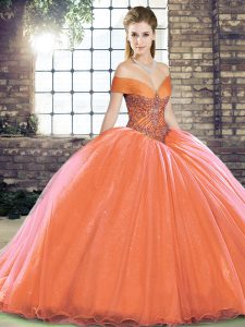 On Sale Brush Train Ball Gowns Quinceanera Gowns Orange Red Off The Shoulder Organza Sleeveless Lace Up