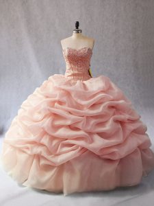 Romantic Peach Ball Gowns Sweetheart Sleeveless Organza Floor Length Lace Up Beading and Pick Ups Quinceanera Gown