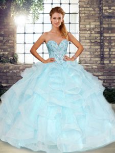 Light Blue Tulle Lace Up Sweetheart Sleeveless Floor Length Quinceanera Dresses Beading and Ruffles
