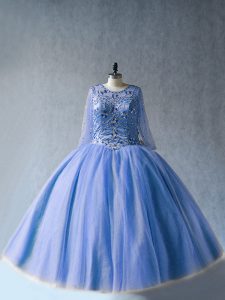 Blue Scoop Lace Up Beading Sweet 16 Dress Long Sleeves