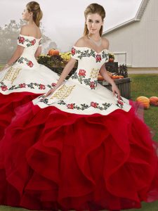 Glamorous White And Red Off The Shoulder Lace Up Embroidery and Ruffles 15 Quinceanera Dress Sleeveless