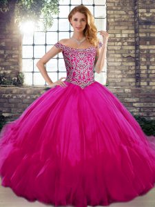 Flirting Floor Length Lace Up Quinceanera Dresses Fuchsia for Military Ball and Sweet 16 and Quinceanera with Beading an