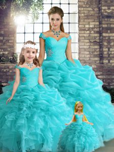 Traditional Aqua Blue Lace Up Ball Gown Prom Dress Beading and Ruffles and Pick Ups Sleeveless Floor Length