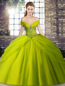 Beading and Pick Ups Quinceanera Gowns Olive Green Lace Up Sleeveless Brush Train