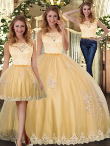 Nice Three Pieces Sweet 16 Dresses Gold Scoop Tulle Sleeveless Floor Length Clasp Handle