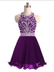 Chiffon Halter Top Sleeveless Lace Up Beading Evening Dress in Eggplant Purple