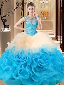 Flirting Fabric With Rolling Flowers Scoop Sleeveless Lace Up Beading and Ruffles Quinceanera Gowns in Multi-color