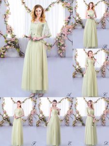 Popular Yellow Green Side Zipper Off The Shoulder Lace and Belt Wedding Guest Dresses Tulle Half Sleeves