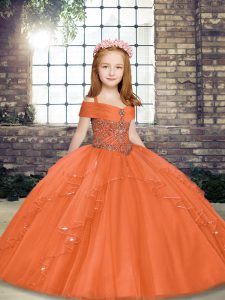 High End Orange Lace Up Pageant Dress Wholesale Beading Sleeveless Floor Length