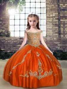 Top Selling Sleeveless Floor Length Beading Lace Up Little Girl Pageant Gowns with Orange Red