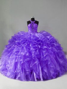 Lavender Zipper Halter Top Beading and Ruffles Sweet 16 Dresses Organza Sleeveless Brush Train