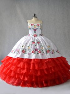 Captivating White And Red Organza Lace Up Ball Gown Prom Dress Sleeveless Floor Length Embroidery and Ruffled Layers