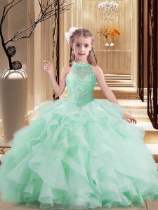 Apple Green Little Girls Pageant Gowns Party and Sweet 16 and Wedding Party with Beading and Ruffles High-neck Sleeveles