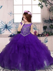 Eye-catching Purple Sleeveless Organza Zipper Kids Pageant Dress for Party and Sweet 16 and Wedding Party