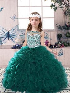 Peacock Green Sleeveless Floor Length Beading and Ruffles Lace Up Pageant Dress for Teens