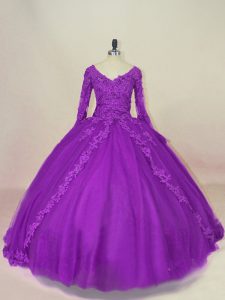Customized Purple Ball Gowns Appliques Sweet 16 Dress Lace Up Tulle Long Sleeves Floor Length